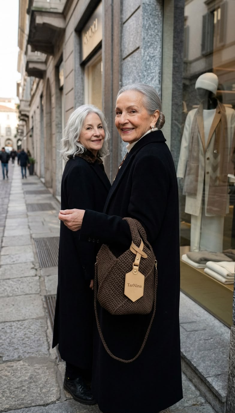 Two elegant women walking together on a Milan boutique street, one carrying a TarNina handcrafted bag — evoking the spirit of two sisters and the TarNina story
